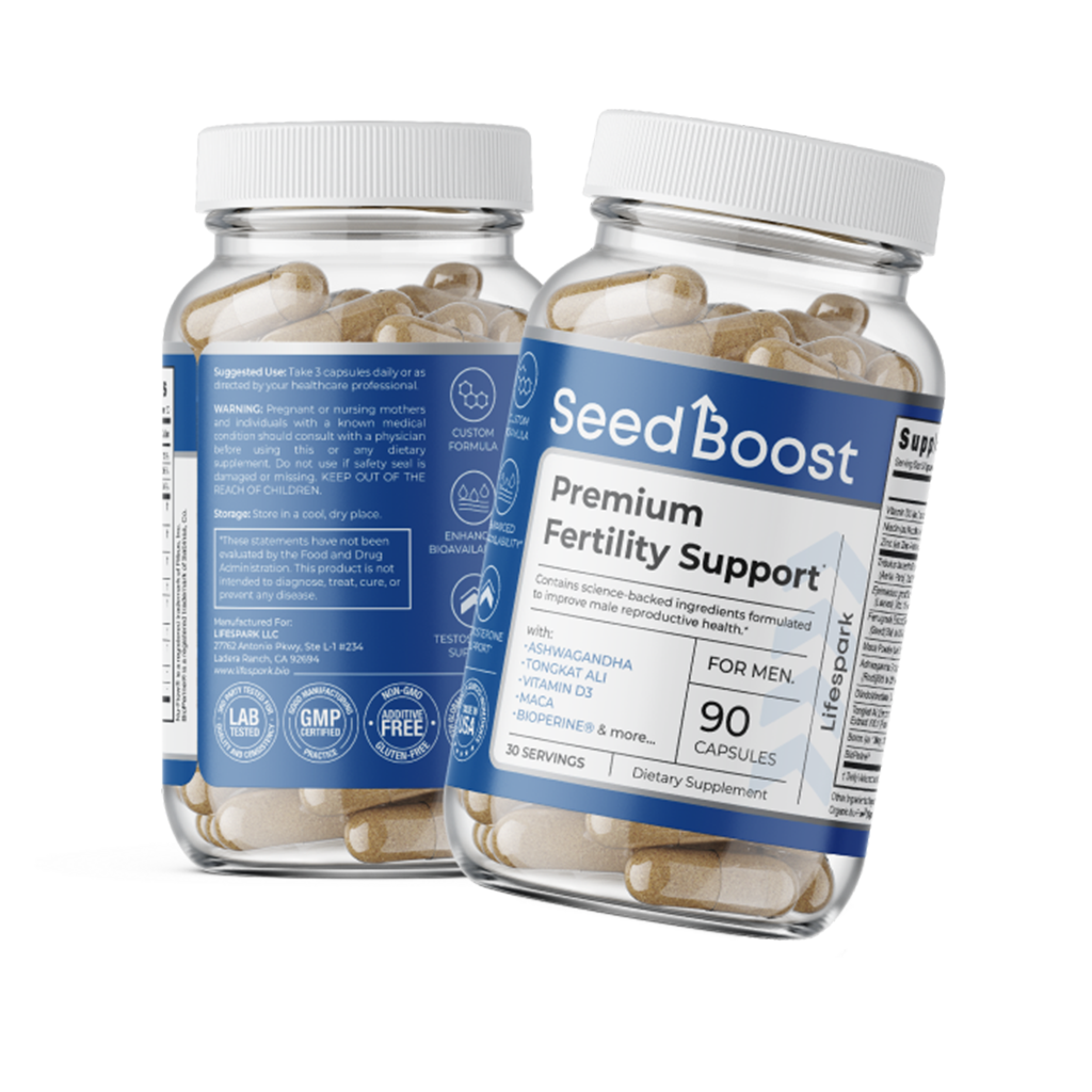 Two bottles of SeedBoost male fertility supplement