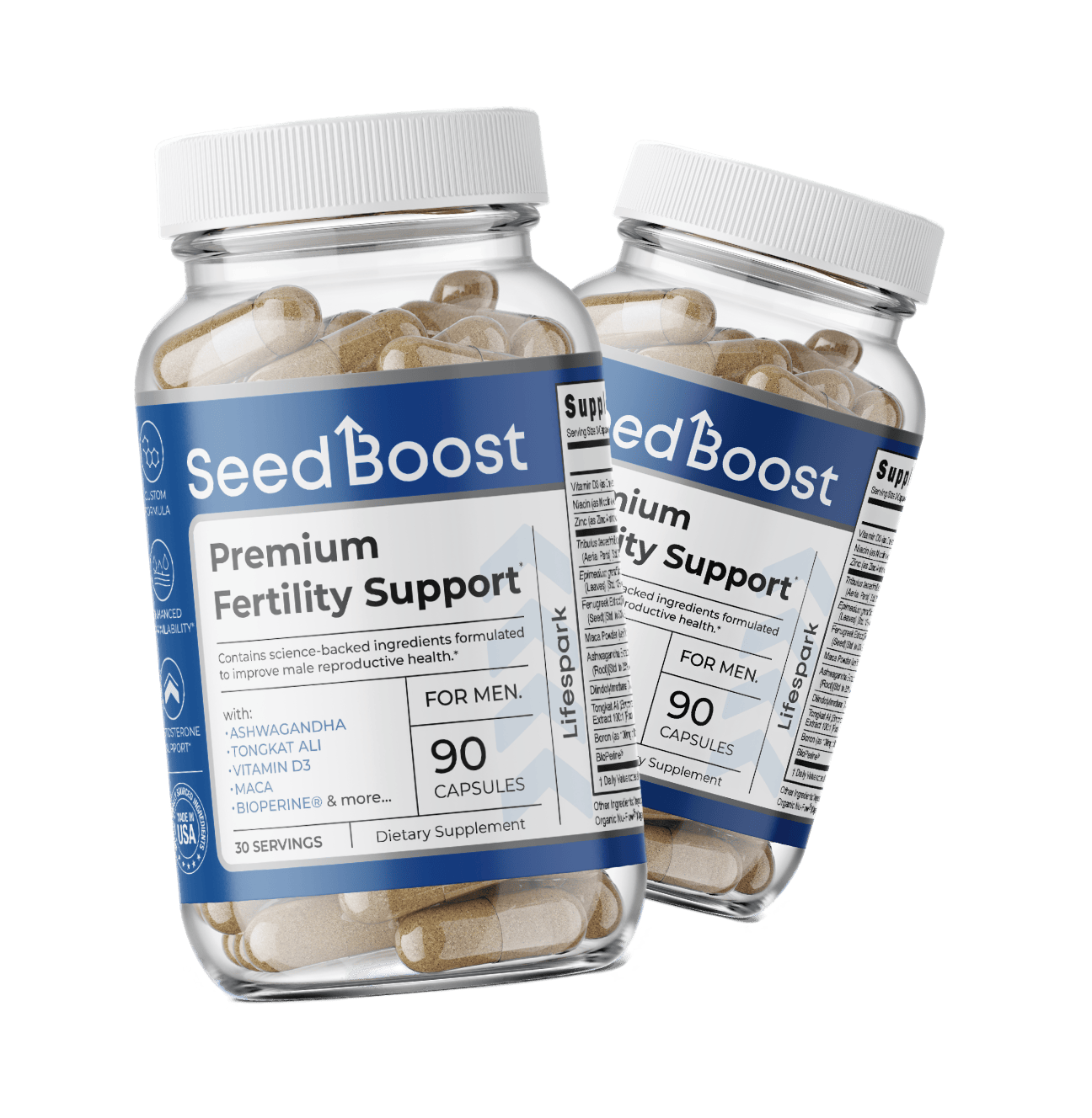 Two bottles of SeedBoost male fertility supplement