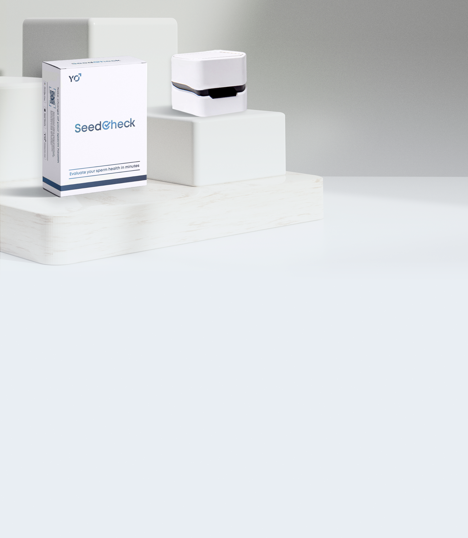 SeedCheck male fertility test kit and device on a modern white display